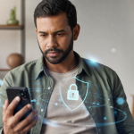 Pessoa usando celular para analisar anúncio digital de serviço financeiro, com foco em segurança e proteção contra golpes