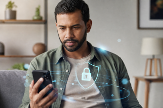 Pessoa usando celular para analisar anúncio digital de serviço financeiro, com foco em segurança e proteção contra golpes